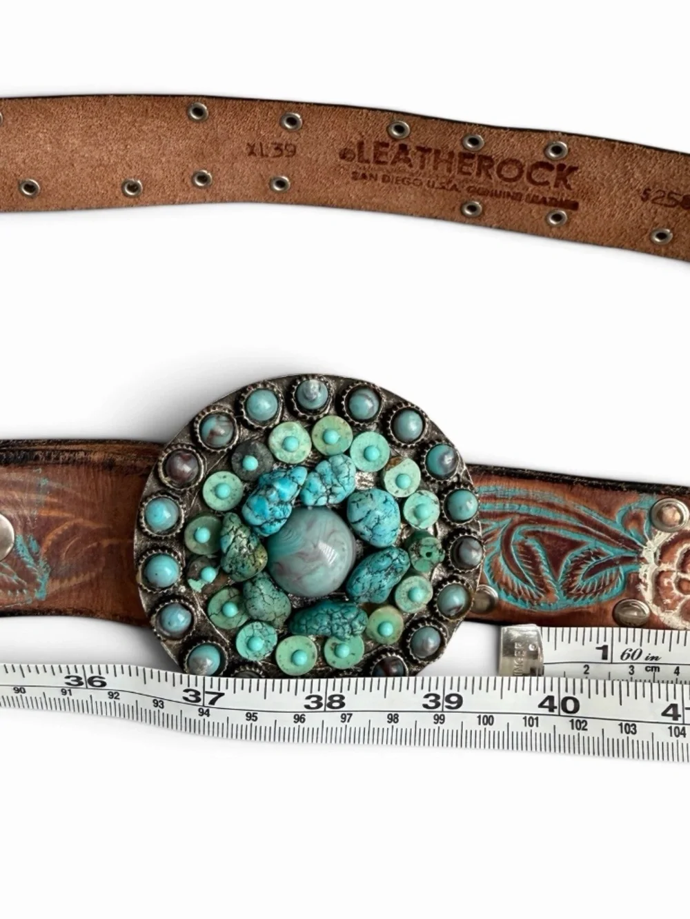 Leatherock Floral Tooled Leather Belt XL 39 Turquoise Removable Buckle Western